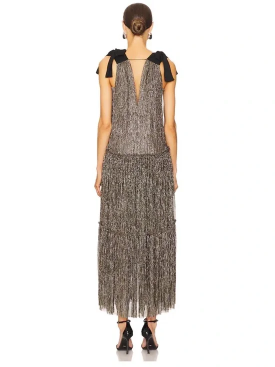 Sabina Musayev Metallic Fringe V-Neck with Shoulder Bows Ray Dress in Gold Sz Md - Picture 4 of 9